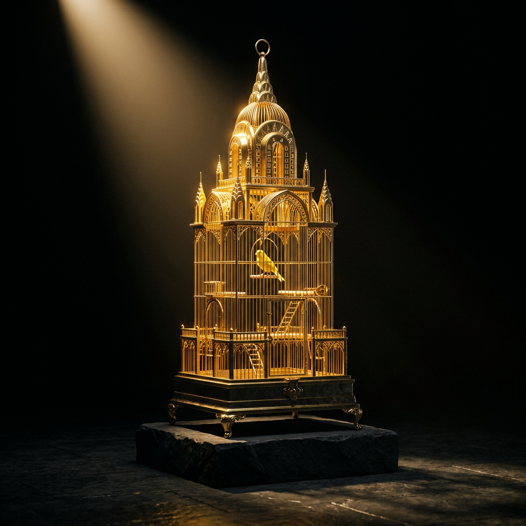Golden birdcage shaped like an elaborate building with a yellow canary perched inside