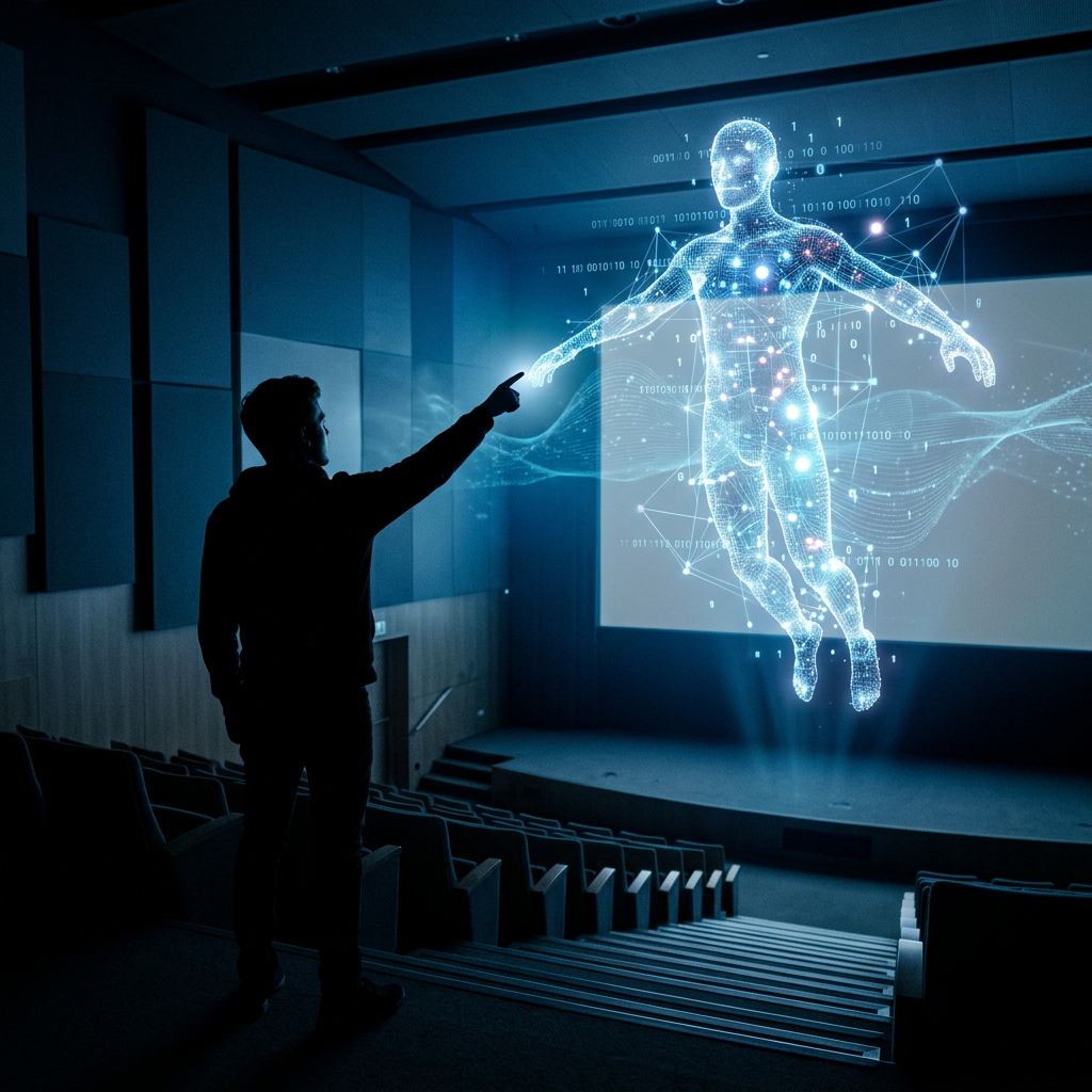 Person pointing at a luminous digital hologram of a human body with data points