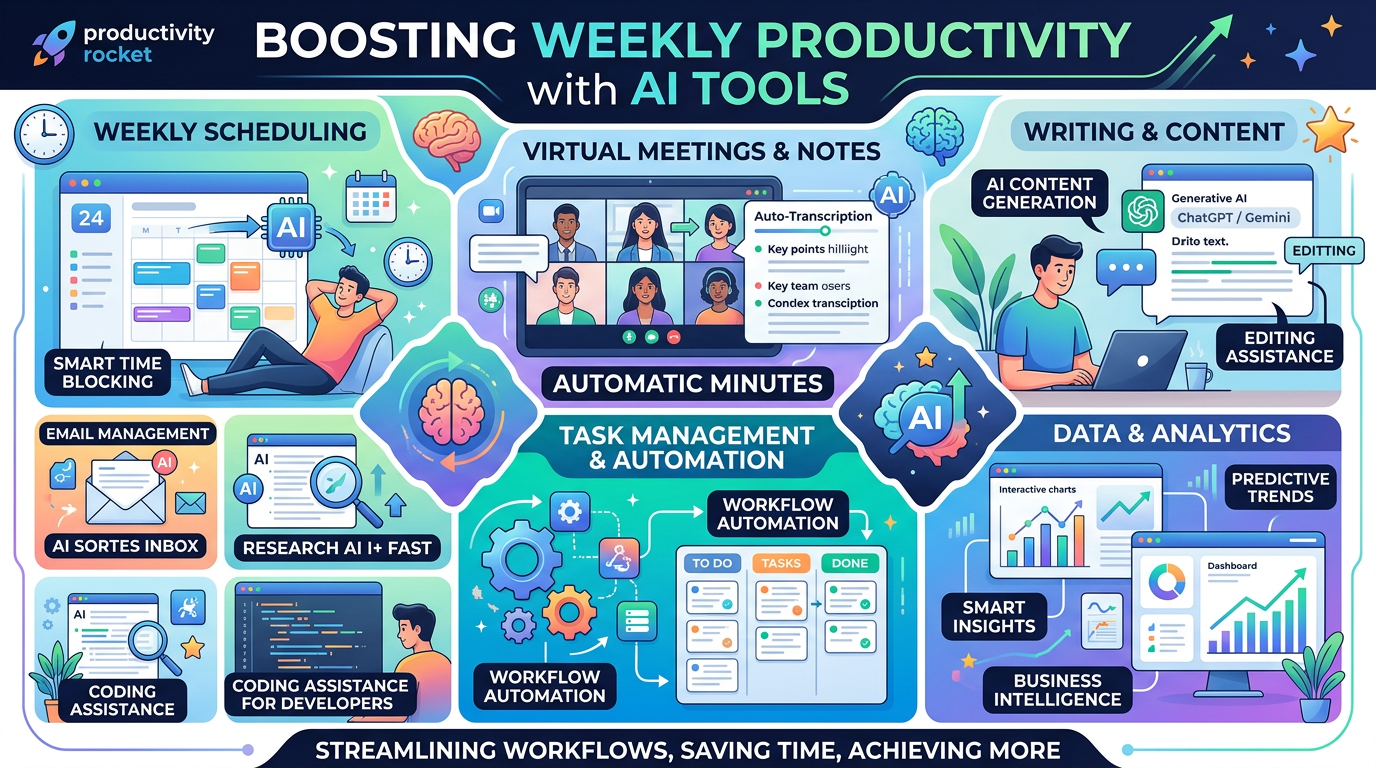 Infographic showing AI tools for weekly scheduling, virtual meetings, writing content, task automation, and data analytics