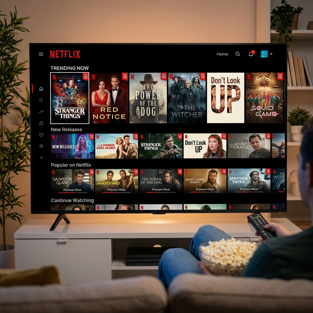 Netflix home screen showing trending and popular TV series and movies.