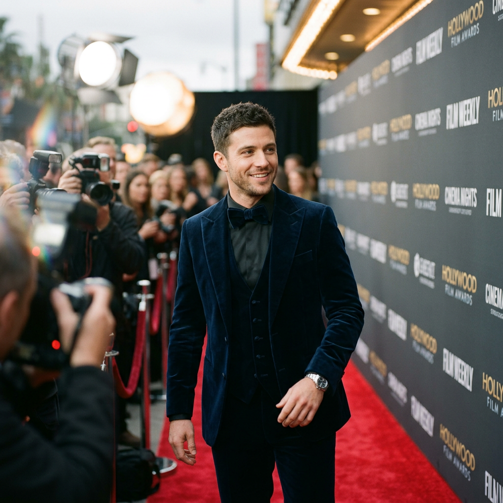 Man wearing a blue velvet suit and bow tie on a red carpet with photographers in the background