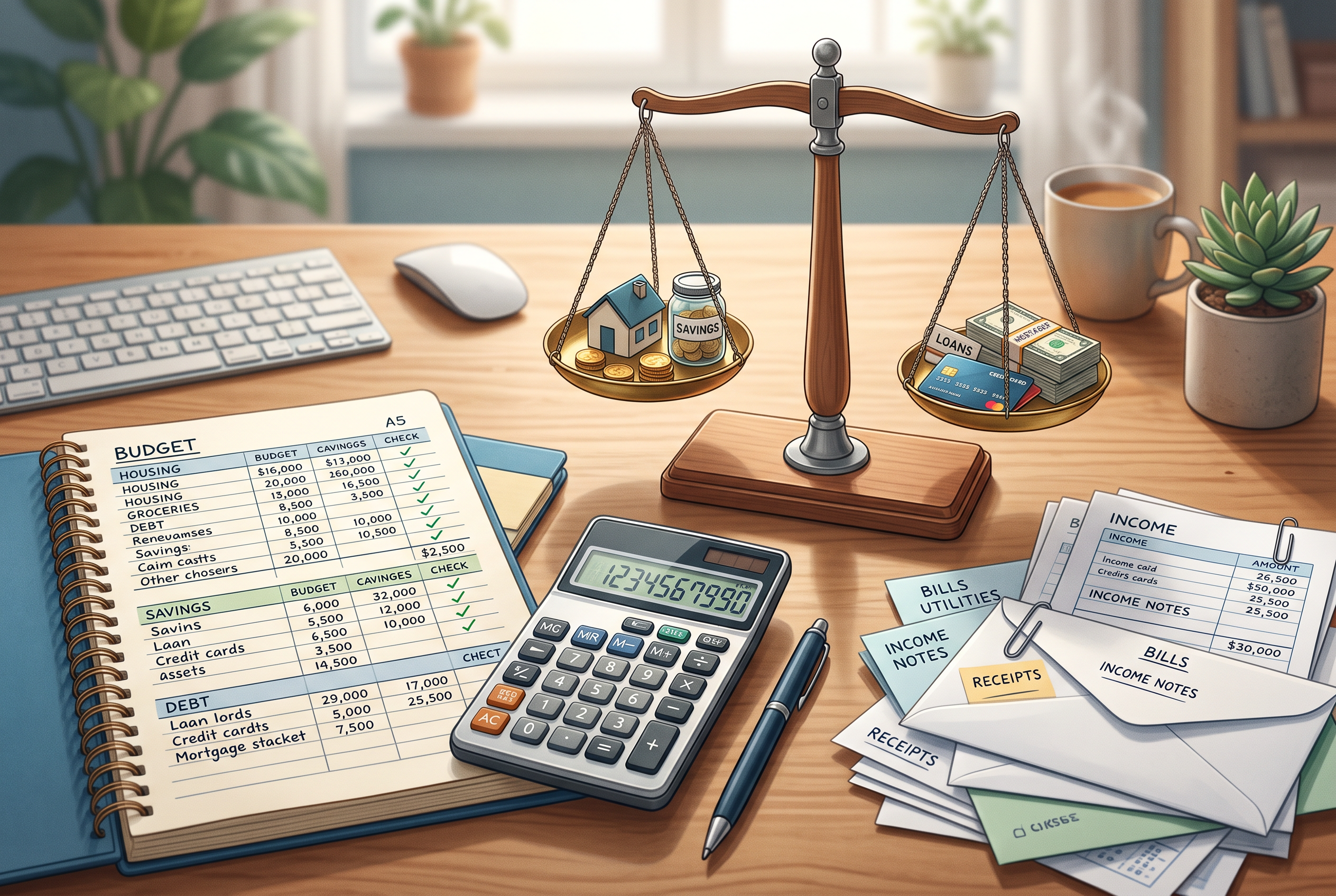 Financial records, a calculator, and a balance scale on a desk for comparing household banking costs